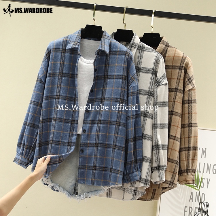 【Ready stock 】korean women ladies loose vintage plaid Shirt long sleeve shirt blouse baju baju wanita lengan panjang