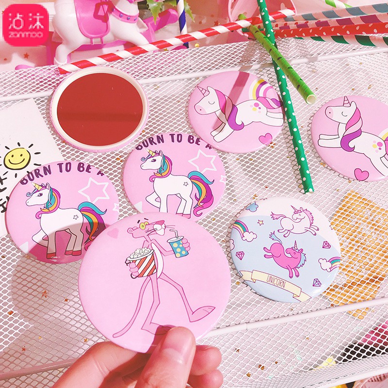 Pink Leopard cartoon cute small mirror makeup mirror portable mirror female mini round mirror