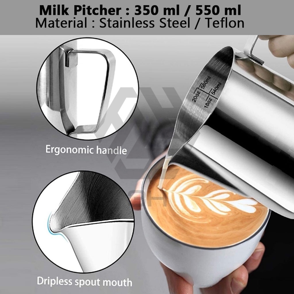 3H Coffee Espresso Latte Milk Frothing Cup Pitcher Jug Food Grade Stainless Steel Teflon [350ml/550ml]