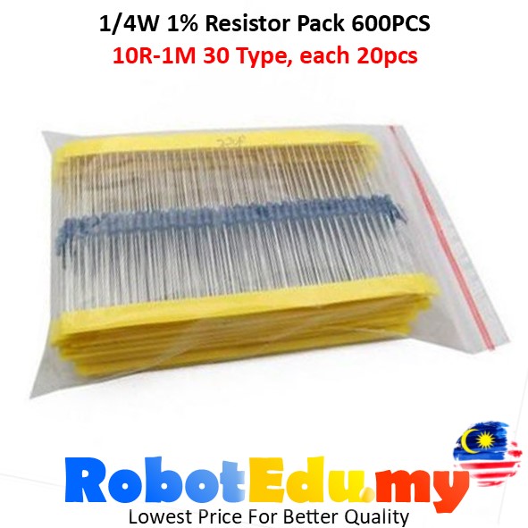 600Pcs 30 Type Each 20pcs 10R 1K 10K 1M Ohm Resistor 1/4W 1% Assorted Starter Kit Electronics Components Bundle Set Pack