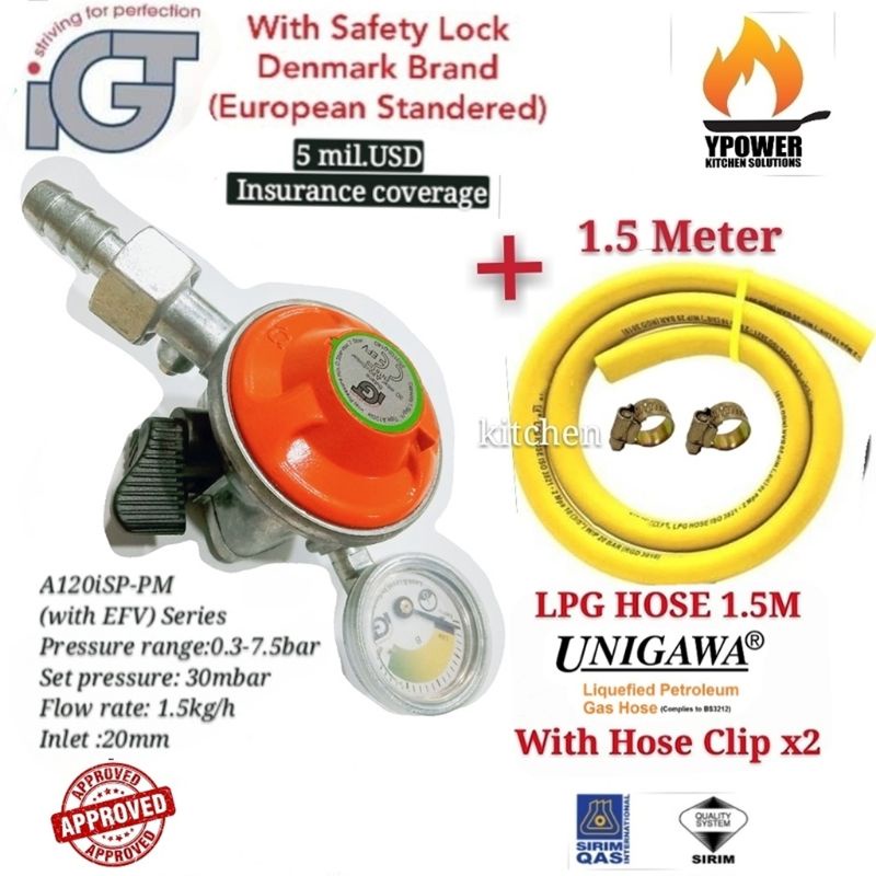 IGT Gas Regulator With GAUGE&SAFETY LOCK / with 1.5M UNIGAWA gas hose