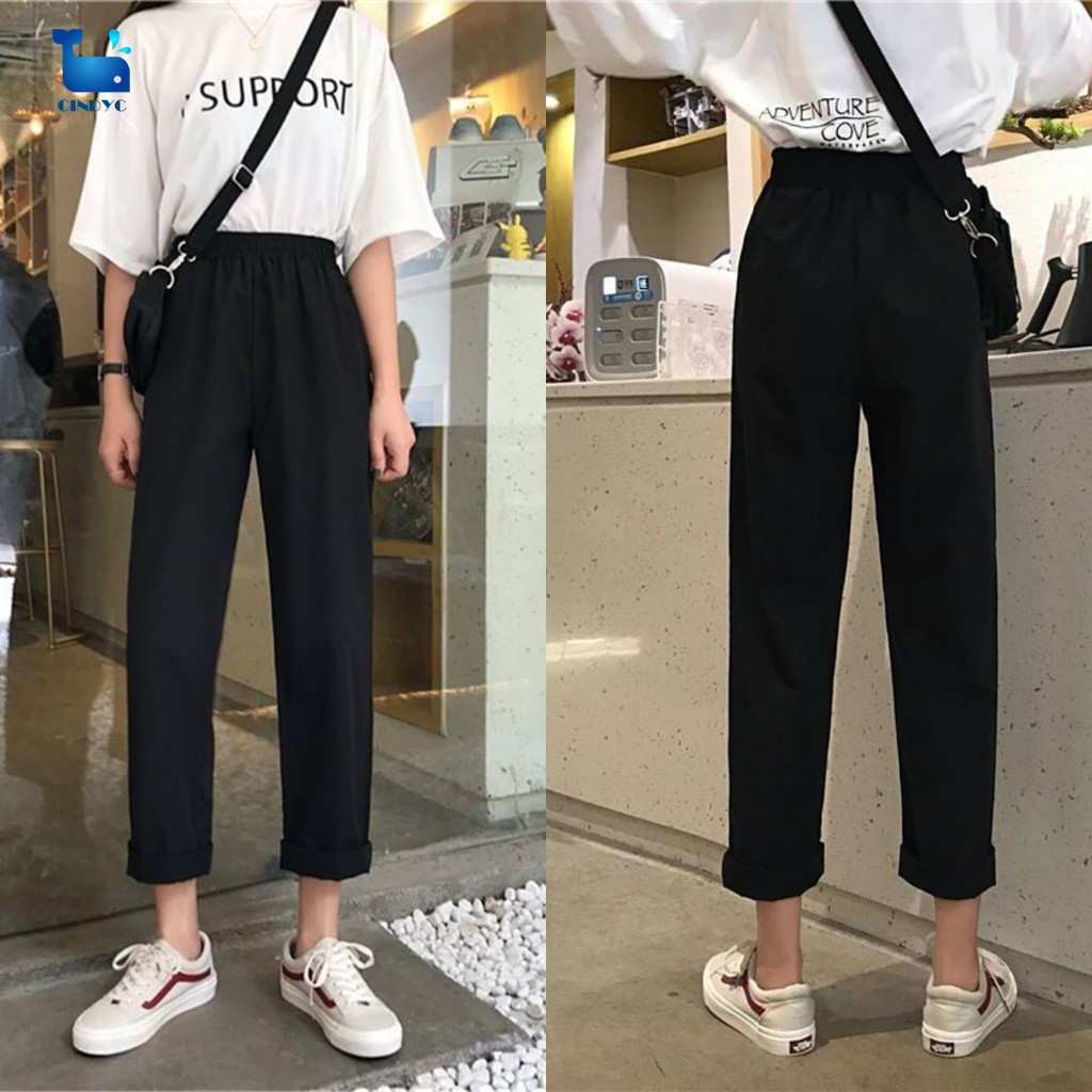 Korean Straight Casual Solid Color Trousers Women's New Elastic High ...