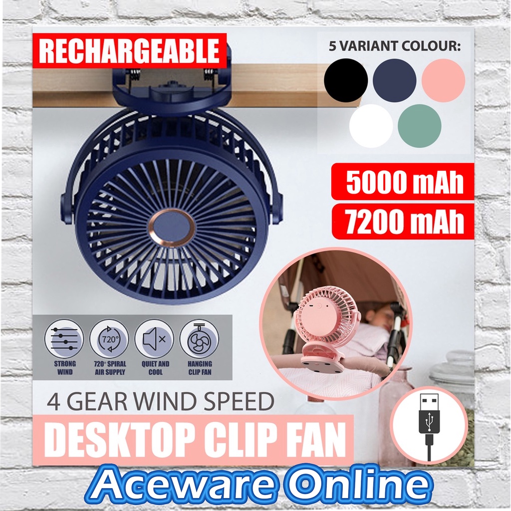 Mini Clip Fan/ Kipas Mini 360 Adjustable 4 Speed USB Mini Fan Rechargeable Mini Fan Cooling Desktop USB With 6 Colors