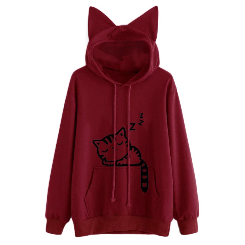 contrast cat ear cartoon print hoodie