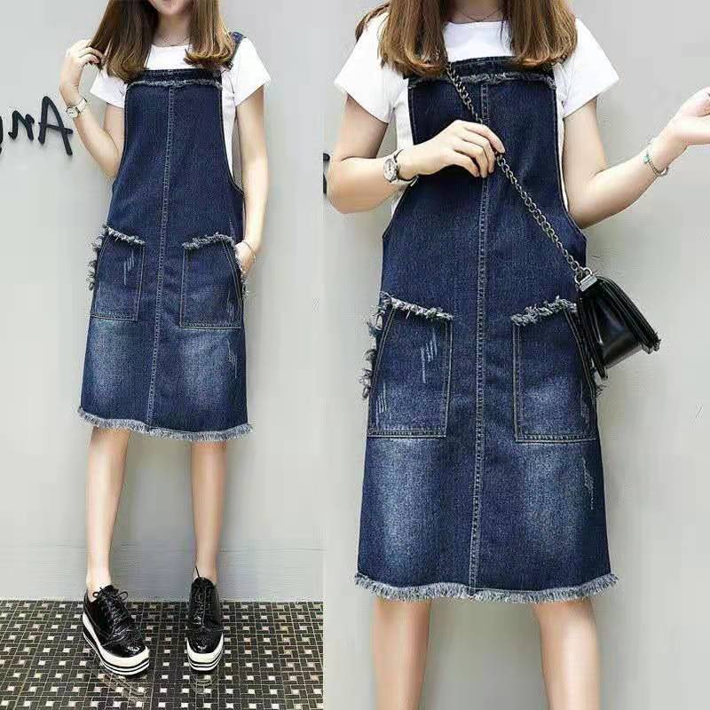 Womens Denim Overall Dress Ladies Jean Suspender Skirt Long A-line Fit  Fashion 