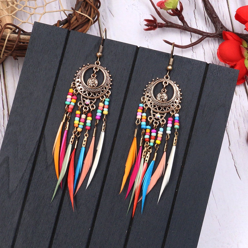 Bohemia Style Vintage Charming Feather Long Chain Tassel Beads Hook Earrings New