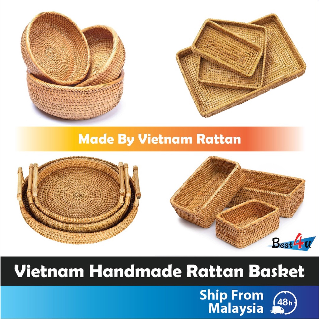BEST4U Hand-Woven Rattan Basket/Rattan Storage/Rattan Tray/Wicker Basket/Handmade Rattan Multipurpose Storage Box