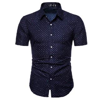 Men's New Fashion Button Down Polka Dots Print Short-sleeved Casual Shirt