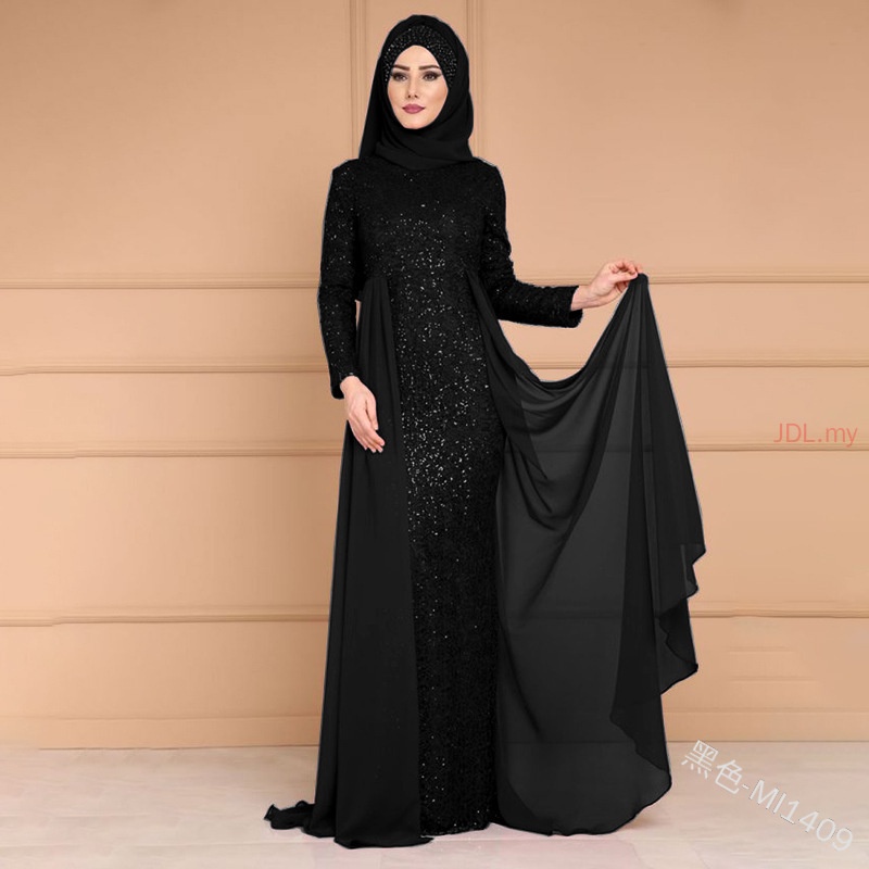 Long Sleeve Sequin Maxi Dress Tutup Aurat Kurung Abaya Baju Raya Gaun Pesta Pakaian Makan Malam Prom Formal Dinner Dress