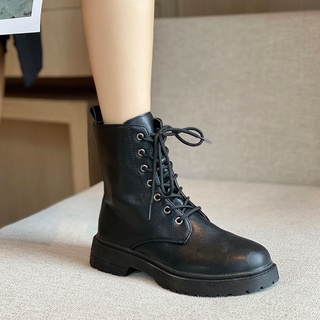 2018Women Knight Ankle Flat Leather Boots Lace Up Military Biker Combat Shoes 
