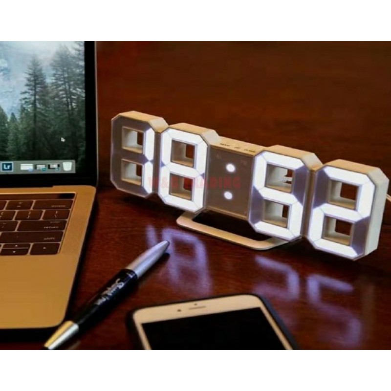 (HOT SALE) Modern Digital 3D White LED Wall LED Jam Dinding Clock Alarm