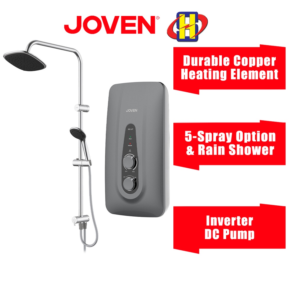 Joven Instant Water Heater (DC Pump/Rain Shower/Dark Grey) SB11 Series 5-Spray Pattern Showerhead SB11iP-RS