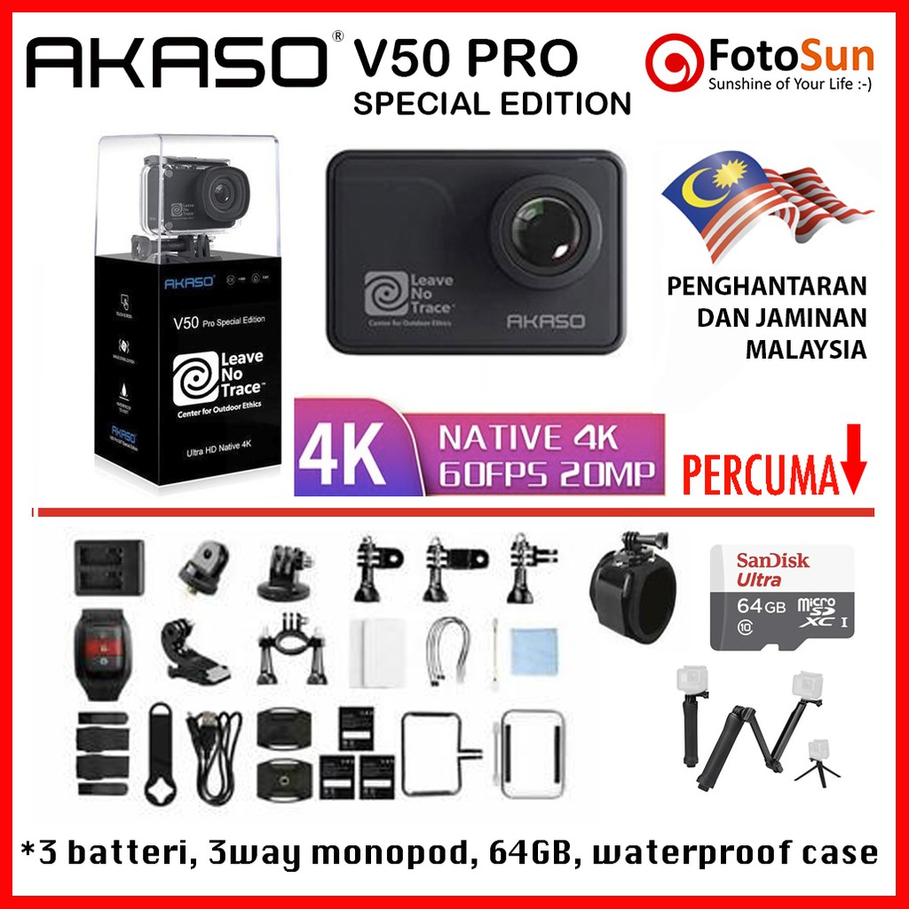 Akaso V50 Pro Se 64gb 3way Monopod Shopee Malaysia