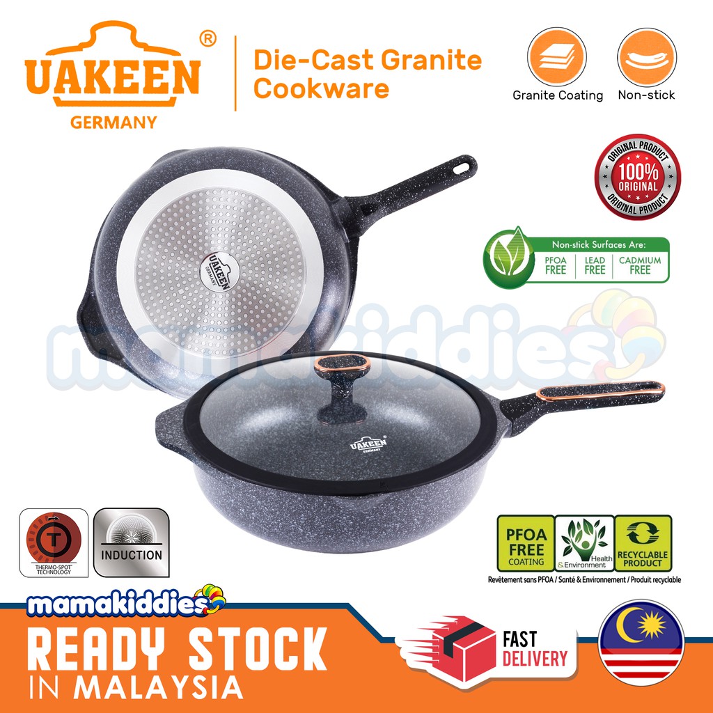 Uakeen Original 24 28 32cm Deep Frying Pan Die Cast Granite Non Stick Coating Frypan Cookware Wok With Lid Shopee Malaysia