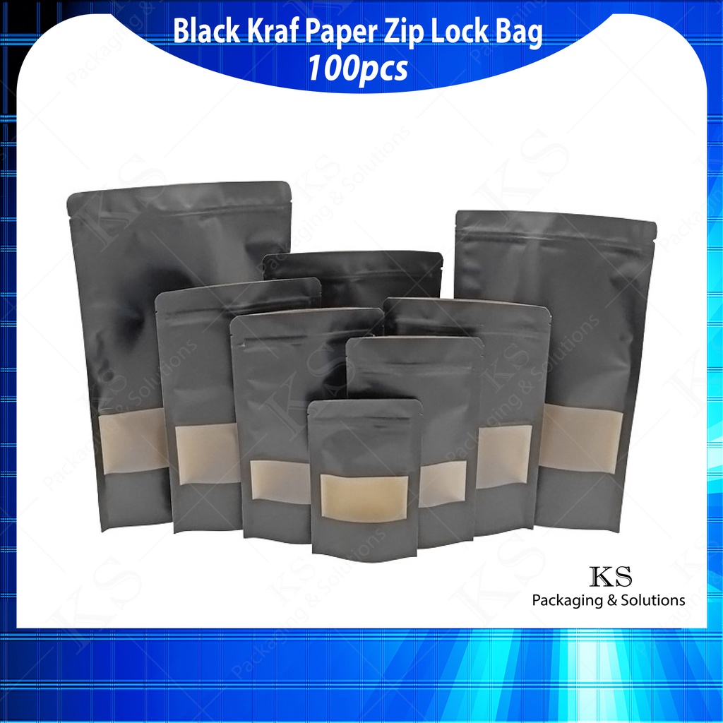 (Black) WATERPROOF Kraft Paper Zip Bag (with Window) (100pcs/pack