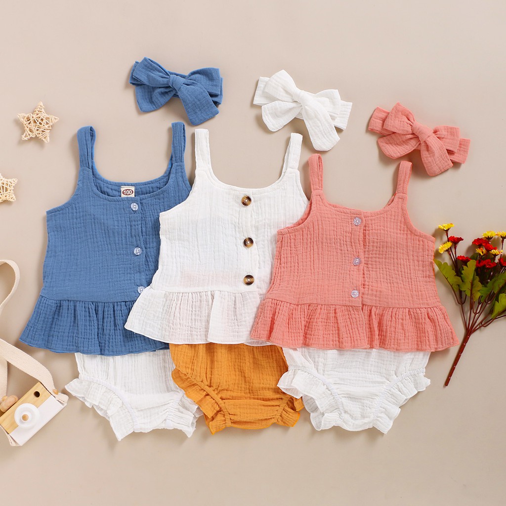 Newborn Baby Girl Summer Clothes Set Cotton Linen Solid Button ...