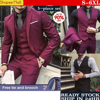 Burgundy  Thick stretch Suit Men Groom Slim Fit 3 Piece Tuxedo Prom Wedding Suits Blazer Jacket+Pant+Vest maroon