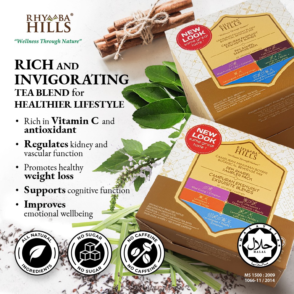 Rhymba Hills Exquisite Blends - 20 sachets Variety Flavor Herbal Tea Infusion Ceylon, Lemongrass, Java Tea