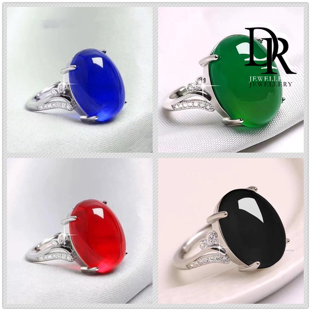 DR Jewelry Fashion Korean Accessories Stainless Sterling Silver Cincin Batu Permata Natural Sapphire Ring Women's Adjustable Green Jade Agate Ring for Mom