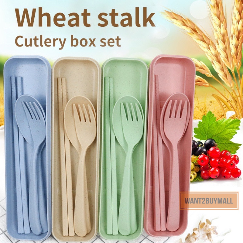 3pcs Set Portable Wheat Straw Tableware Cutlery Fork Spoon Chopsticks Three Piece Set Office Camping Children Travel