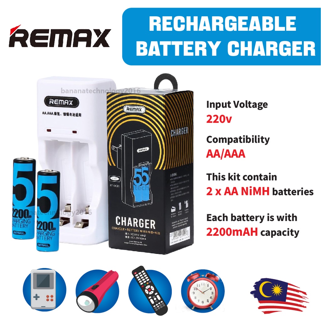 RT-DC01 Remax Rechargeable Battery and Charger AA Battery Rechargeable ...
