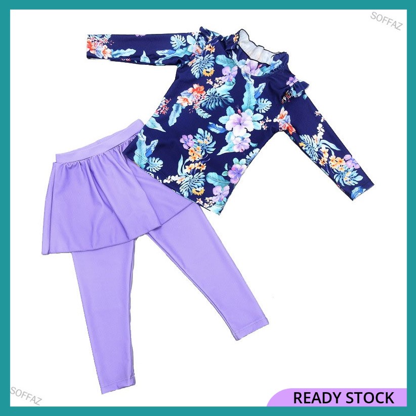 Girls Swimwear Floral Long Sleeve Bathing Suit Split Pantskirt Muslimah Girl Swimsuit Baju Mandi Perempuan Tutup Aurat