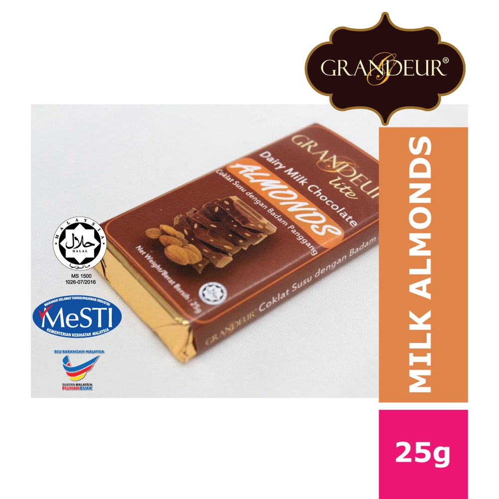 [HALAL Certified] GRANDEUR Milk Chocolate Bar With Almonds 25g Coklat