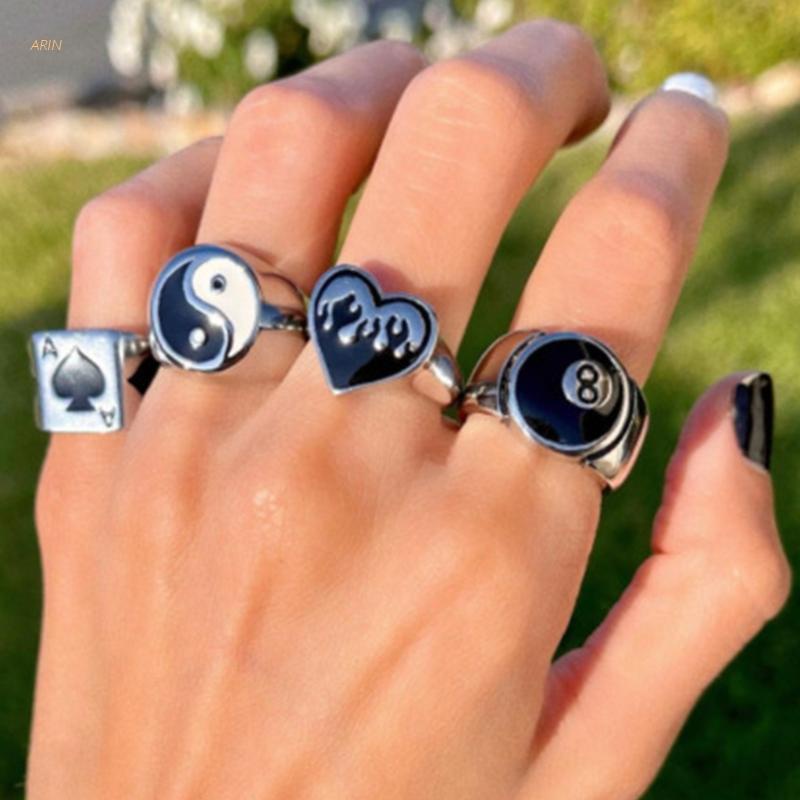 ARIN 4PCS Tai Chi Handmade Punk Gothic Ring Biker Ring Statement Ring Gift for Men