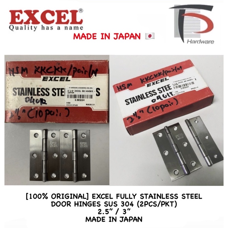 [100 ORIGINAL] EXCEL FULLY STAINLESS STEEL DOOR HINGES SUS 304 (2PCS