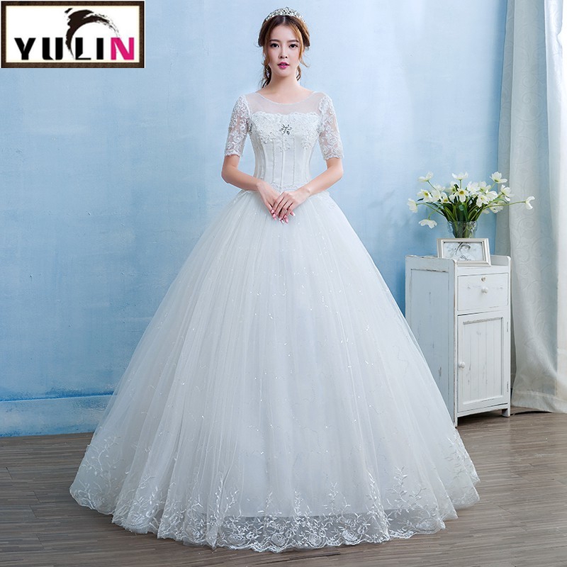 White Short Sleeve Slim Fit Lace Embroidery Wedding Gown Evening