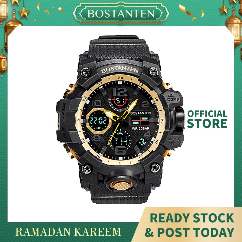 Bostanten Men Sports Shock Watch 3Time Chrono Alarm Date Week Display LED Light Digital Big Dial Military Men Sports Watches Jam Tangan Lelaki
