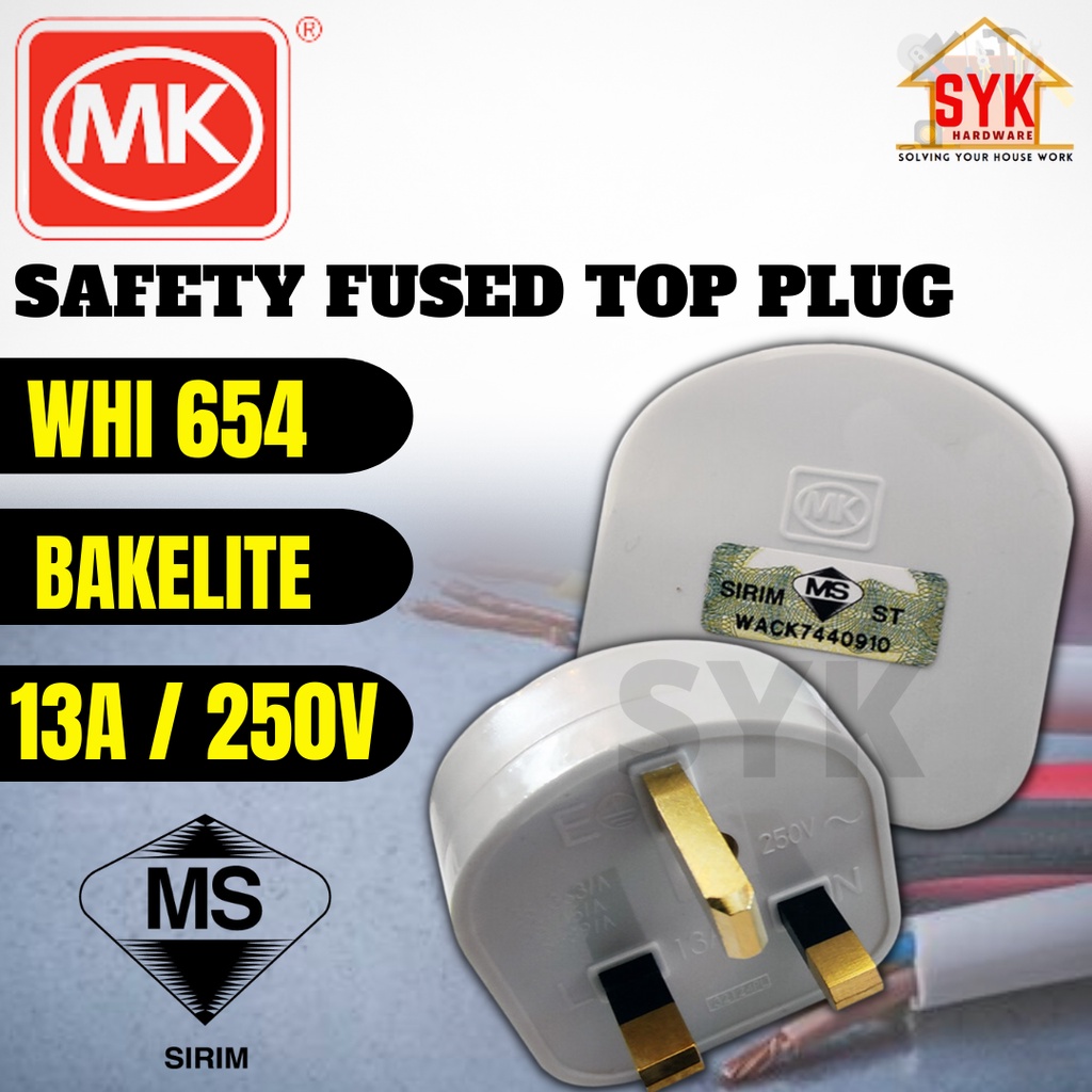SYK MK 13Amp 250V WHI 654 3 Pin Electric Safety Fused Plug Top