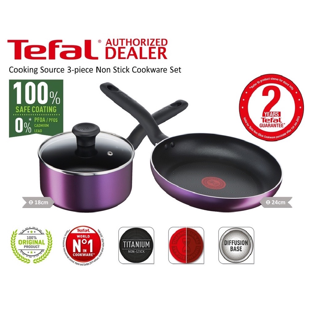 Tefal Cooking Source 3 piece Non Stick Cookware Set B504S2 Saucepan Lid ...