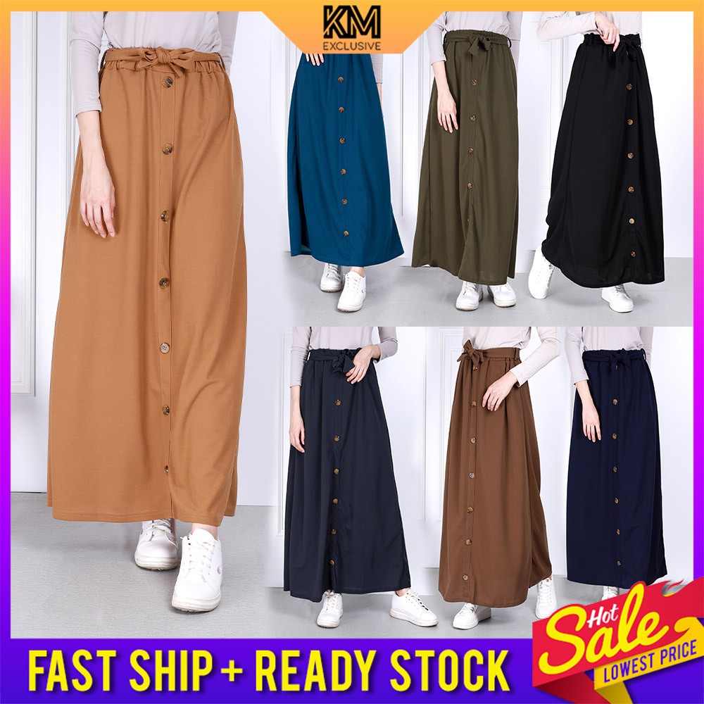 KM Muslimah High Waist Ribbon Belt A Line Button Women Long Maxi Skirt Panjang Wanita [S32220]