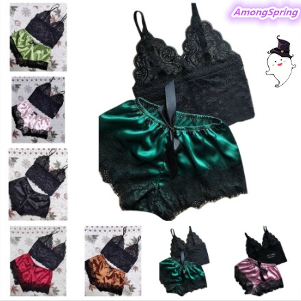 AmongSpring✹ 2PCS Womens Lace Sleepwear Lingerie Tops Shorts Set Nightwear