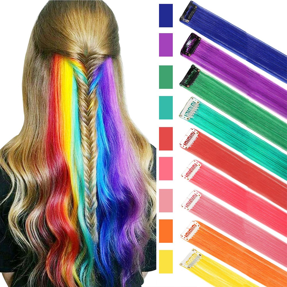(Color improvement)Long Straight Rainbow HairPiece Hair Extensions Clip