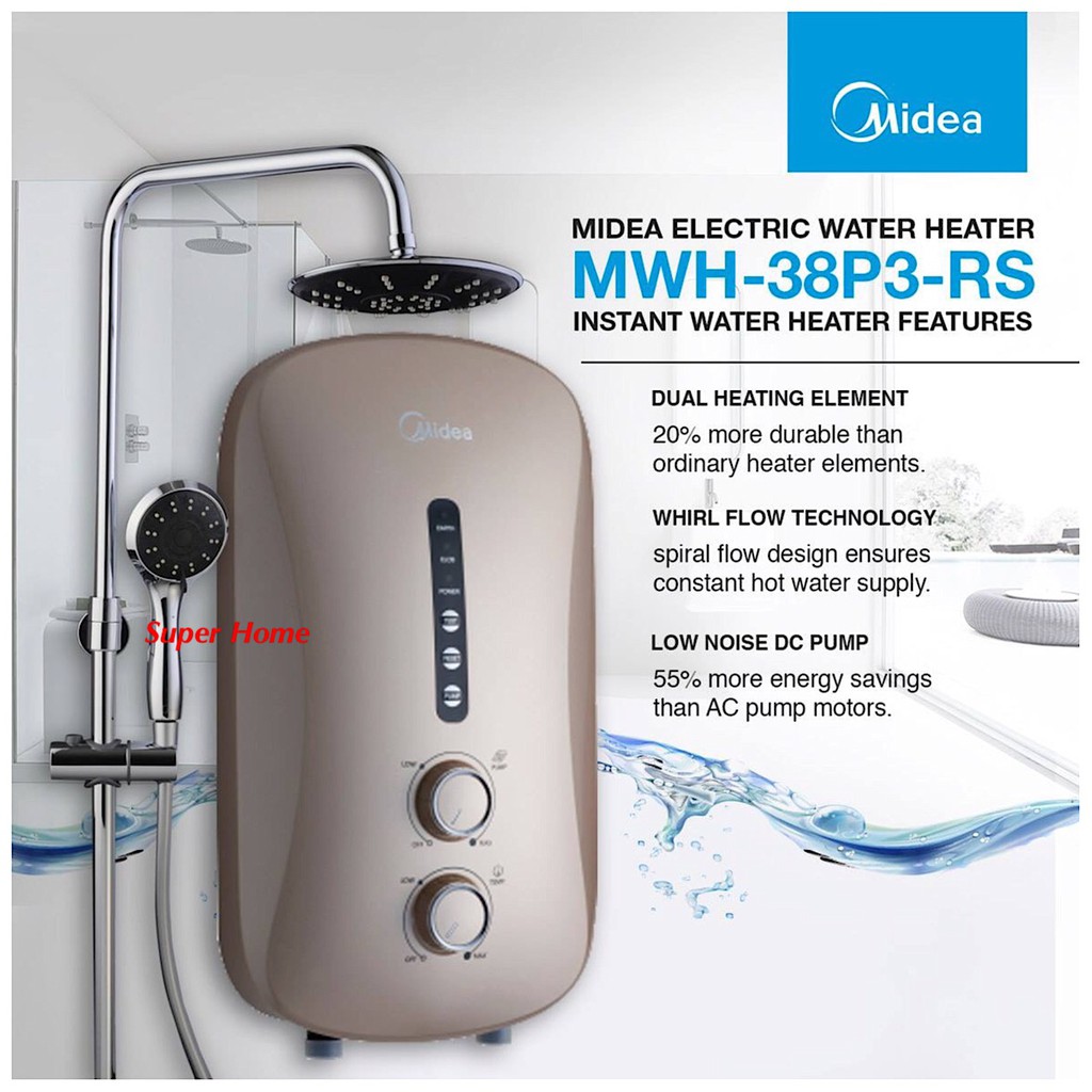 Midea MWH38P3RS Rain Shower Water Heater with DC Silent Booster Pump