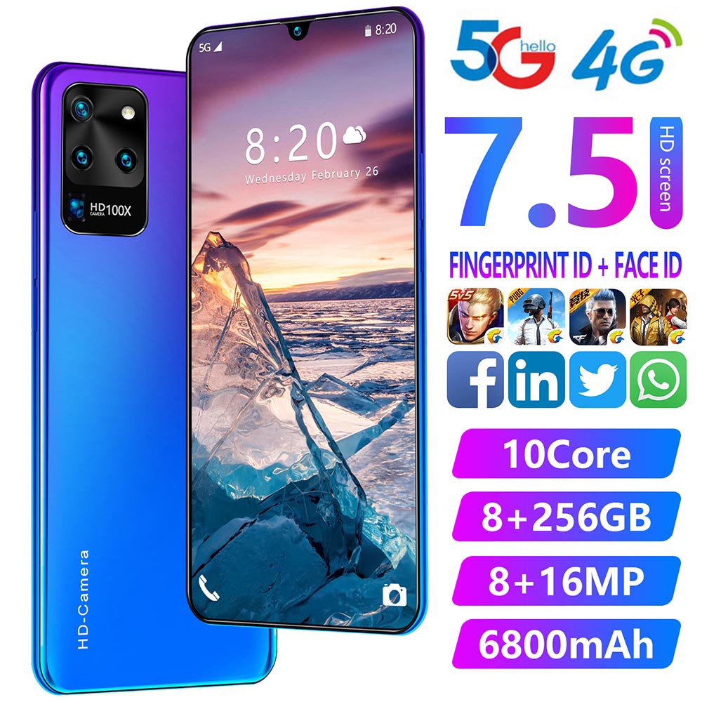 2020 New S20u 7 5 Inch Hd Full Screen 6gb Ram 128gb Rom Smartphone 6800mah Dual Sim Android 9 1 Mobile Phones Supports Face Fingerprint Unlock Shopee Malaysia