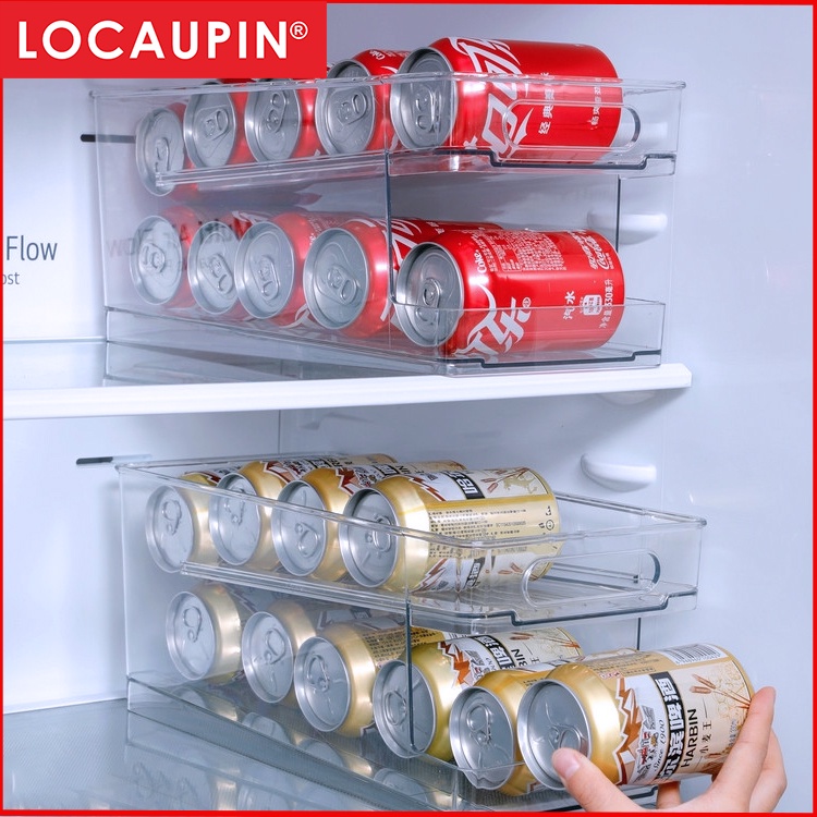 Locaupin Stackable Double-Layer Automatic Rolling Beverage Soda Can Storage Organizer, Plastic Dispenser Bin