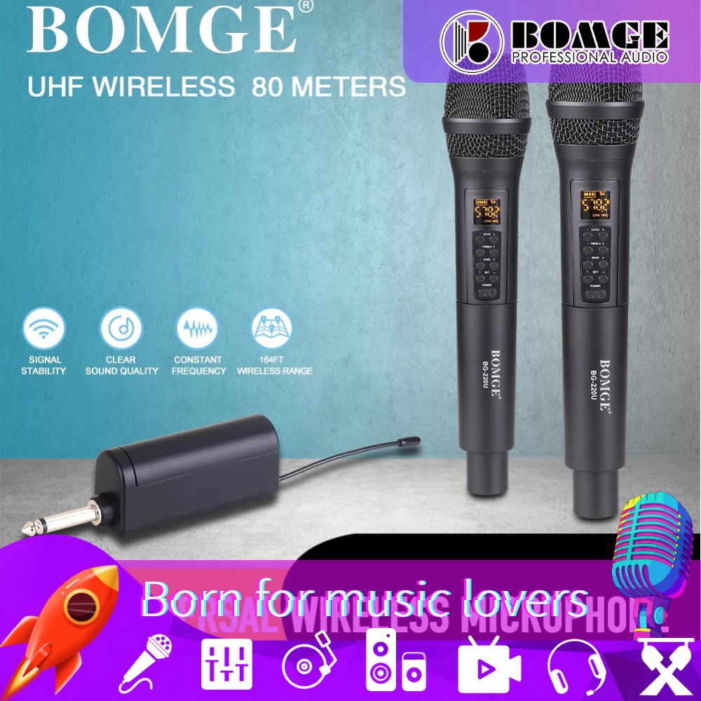 BOMGE UHF Wireless Recording Karaoke Microphone Cordless 2 Mics Player Easy-to-use Karaoke Wireless Microphone System