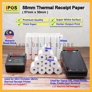 12 ROLLS - 57mm x 30mm Thermal Receipt Paper / Kertas Cash Register For Topup SRS Food Panda Grab Credit Card Terminal