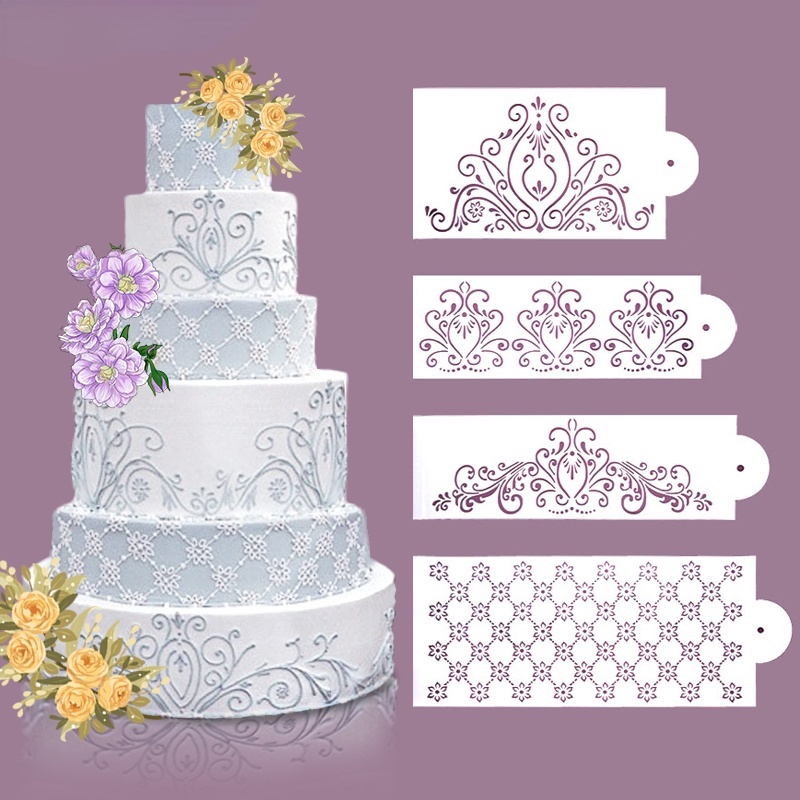 4pcs DIY Cookie Flower Fondant Side White Color Stencil Wedding Decoration New Arrival Reusable Baking Cake Stencil 