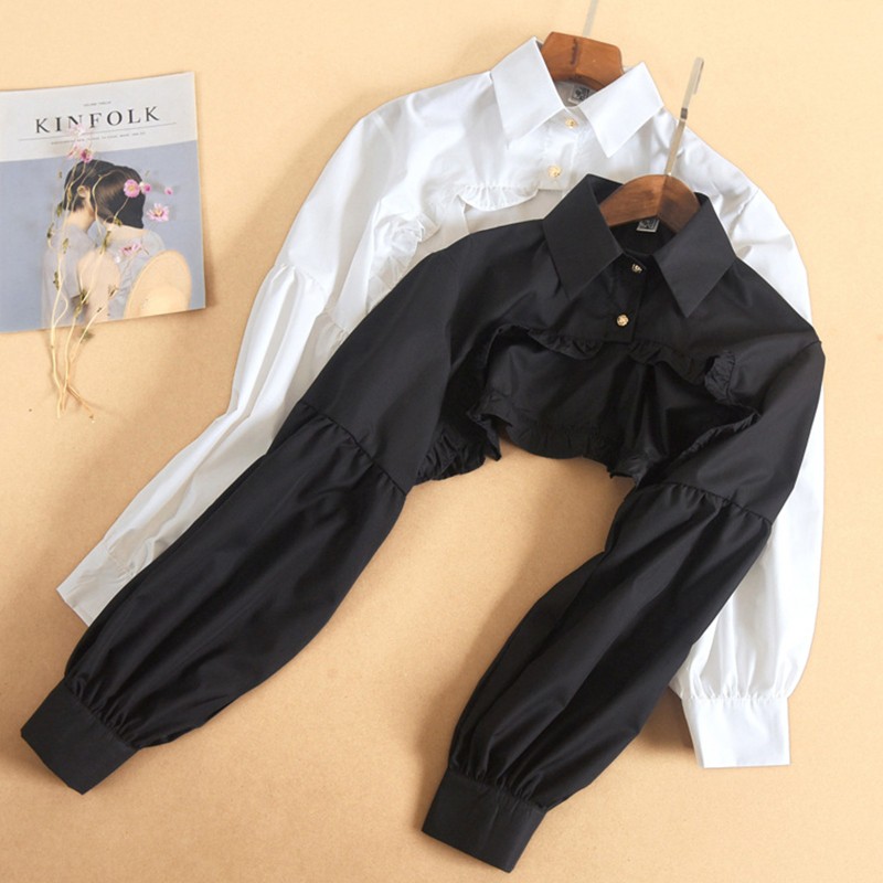 Ivy Women Puff Long Sleeve Half Top Blouse Ruffled Edge Golden Button False Collar
