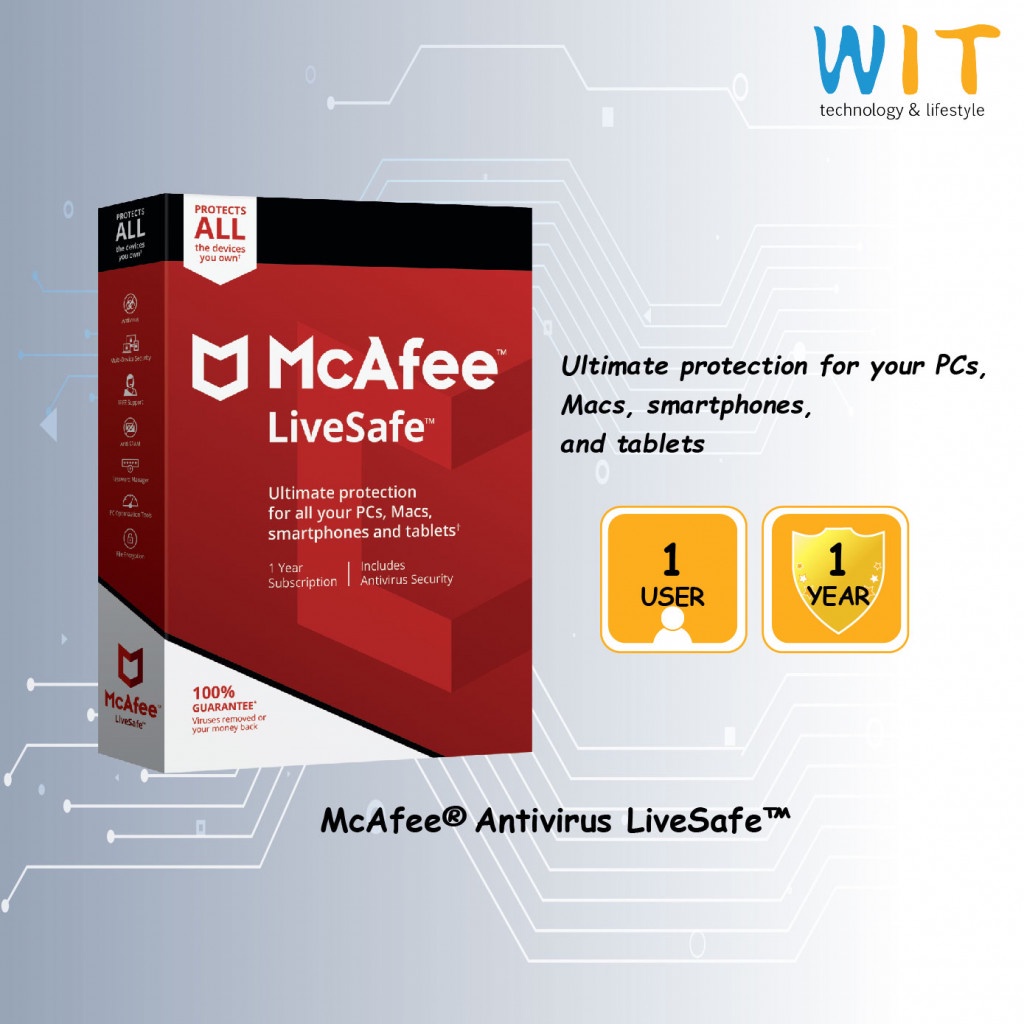 McAfee® Antivirus LiveSafe™ Ultimate protection for your PCs, Macs, smartphones, and tablets 1 User 1 Year