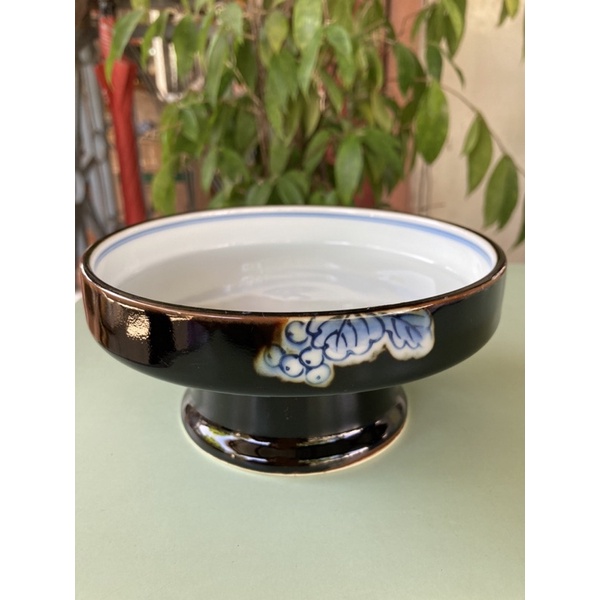 Japan surplus footed porcelain shallow blue bowl on raised foot, 3” in height, 6” diameter, 1” depth