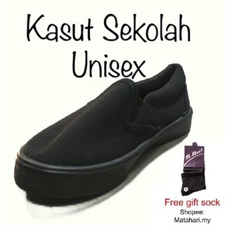Kasut sekolah sarung hitam murah / school shoes black classic and simple design slip-on shoe unisex