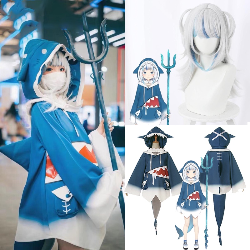 【COD】4pcs/ set Hololive Gawr Gura Cosplay Costume wig ENG Shark Costume for Girl Women Halloween Cosplay Full Set Tail