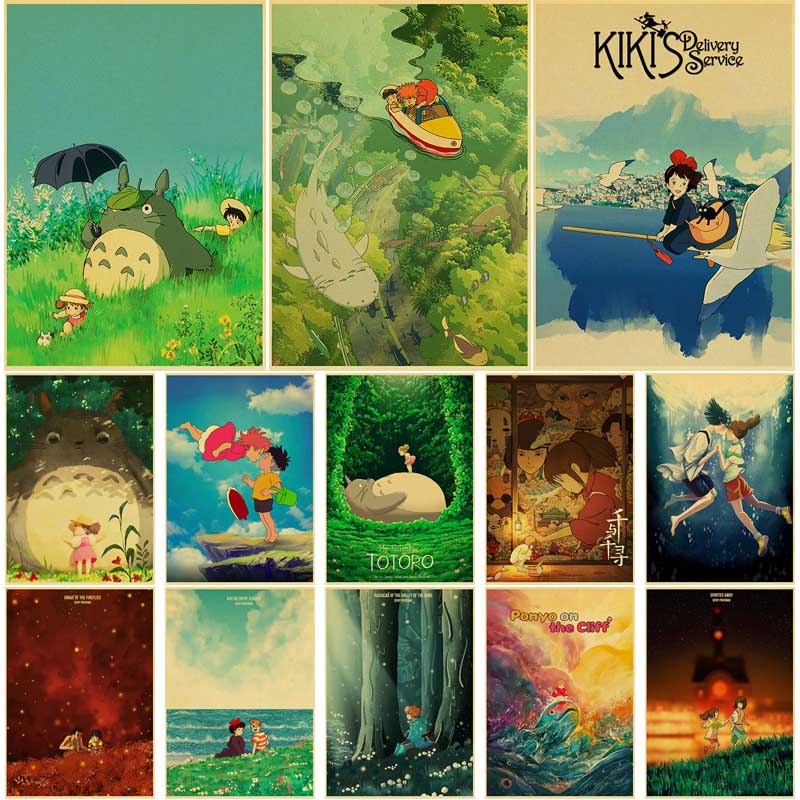 Miyazaki Hayao Anime Movie Collection The Wind Rises/Totoro/Spirited Away/Howl Moving Castle Poster for Room Decor Wall Stickers