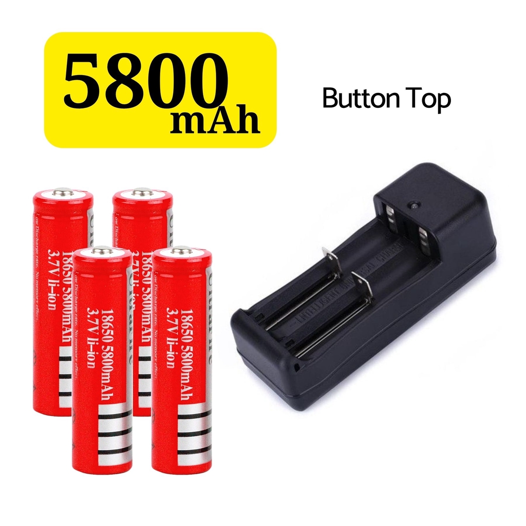 4Pcs 3.7v 18650 5800mAH Rechargeable Battery ( Flat Top / Button Top ) + 2 Slot Charger