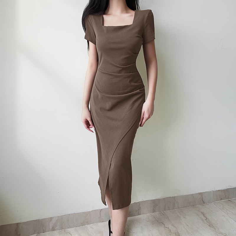 French Elegant Short Sleeve Solid Square Neck Slim Wrapped Hip Maxi Dress Women's Fashion Fashion Temperament Split Long Dress